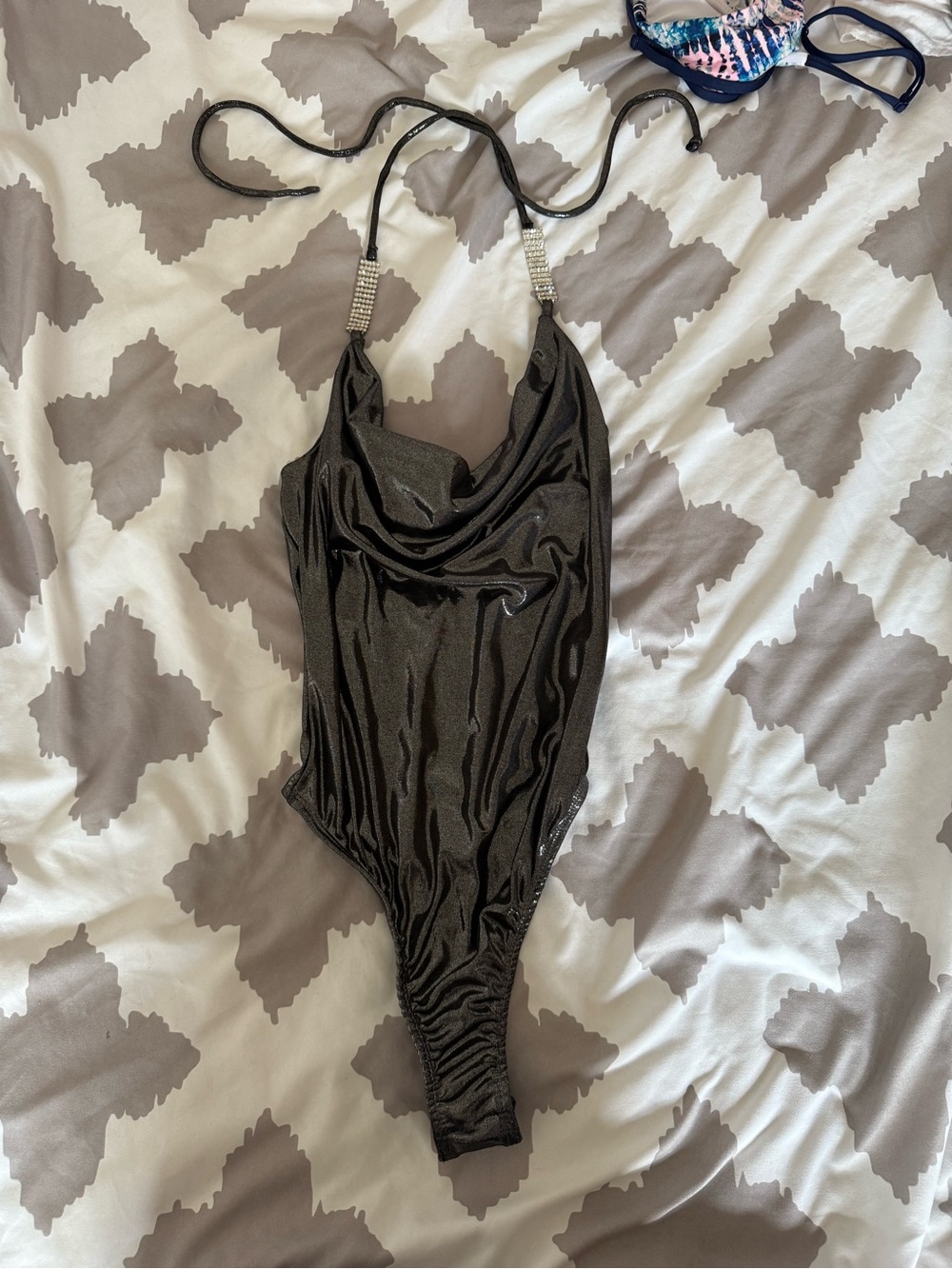 Forever 21 Black Shimmer Halter Bodysuit with Rhinestone Straps